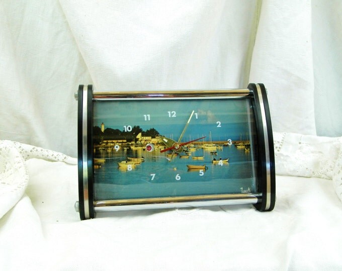 Working Vintage Mid Century French Postcard Mechanical Alarm Clock, 1960s Wind Up Clock with Coastal Scene from France, Brittany Picture