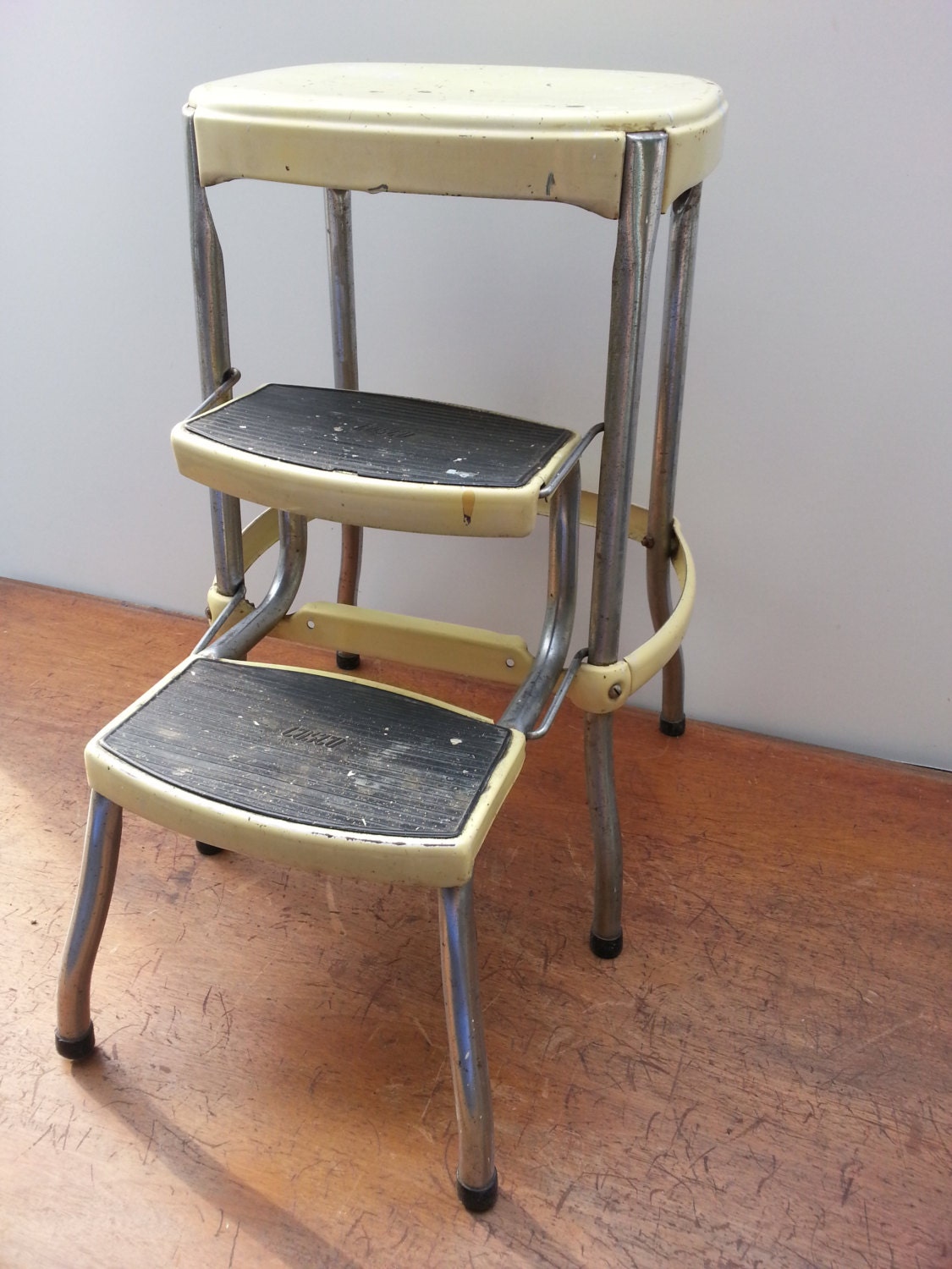 Vintage Cosco Step Stool Metal Kitchen Yellow Industrial Farm