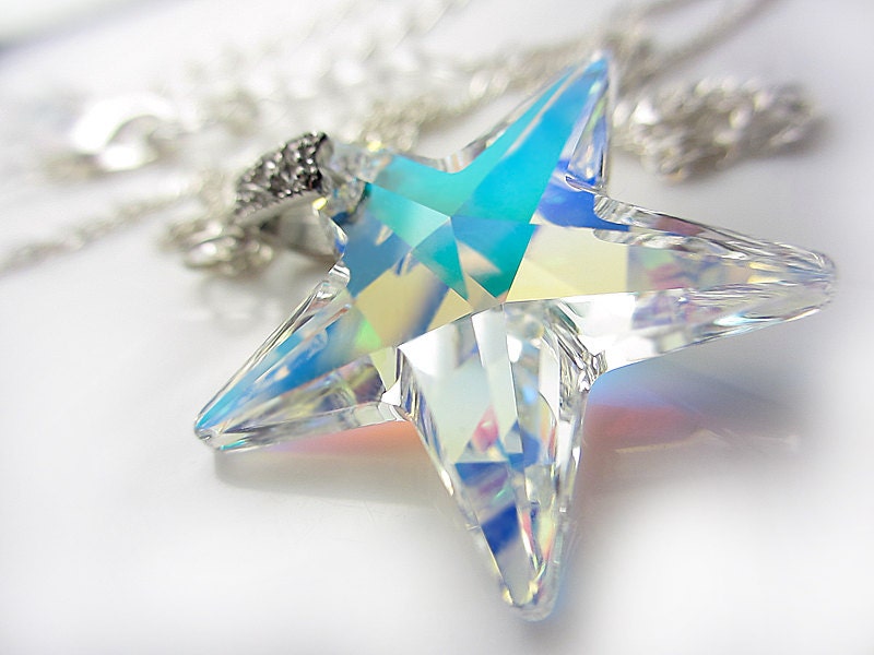 LARGE Swarovski Crystal Star Necklace Sterling Silver Aurora