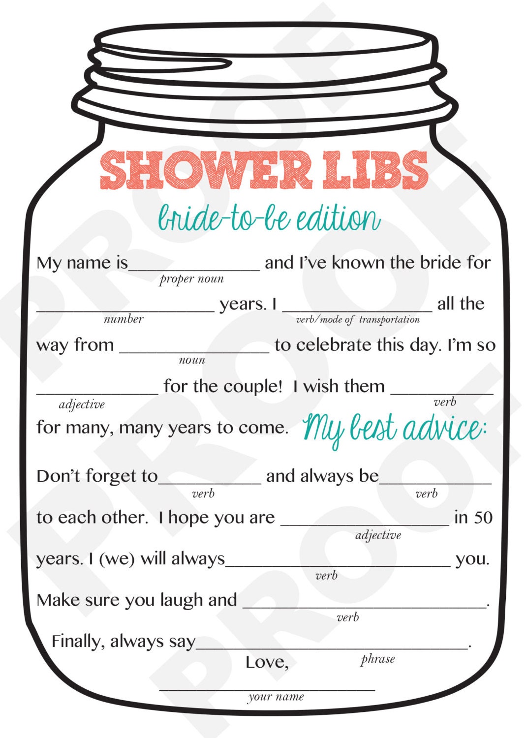 Bridal Shower Game Mason Jar Theme Shower Game Mad Libs for