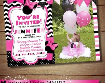 HUGE SELECTION Black Chevron Minnie Mouse Invitation, Pink Minnie Mouse Birthday Invitation, Minnie Mouse Printables, The Printable Occasion