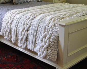 IN STOCK SALE: Chunky Cable Knit Blanket in Cream Irish Cabled Wool Hand Knitted Blanket 1803.101