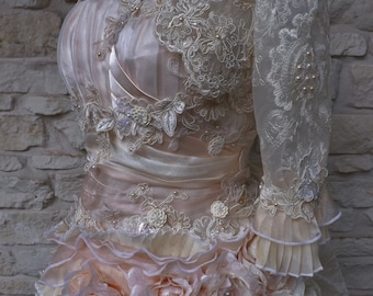 CUSTOM Handmade Peach Cream Victorian Wedding Lace BOLERO Faux Pearls Size Custom