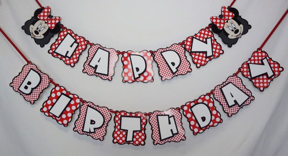 Happy Birthday Banner.Large. MINNIE MOUSE> Red Theme. Birthday Party. Red, White and Black with Polka Dots. 2 pc. 001 Il_570xn