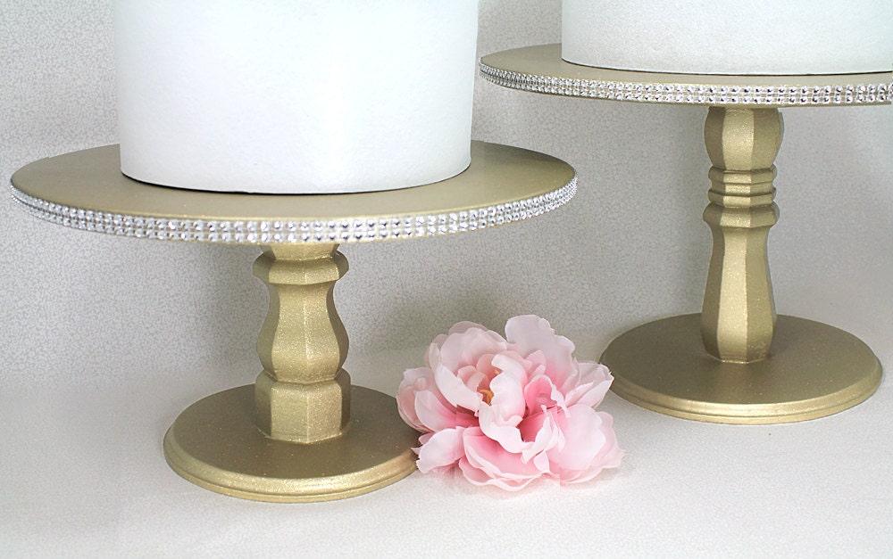 Gold Shimmer Cake Stand Rhinestone. Round Wooden Cake Stand.
