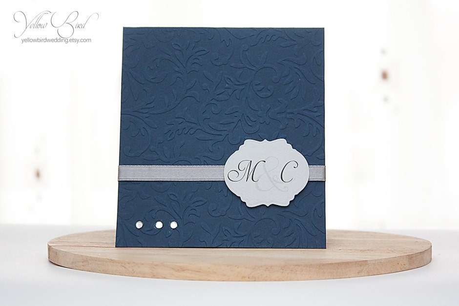 Monogram wedding invitation. Midnight blue and silver ...