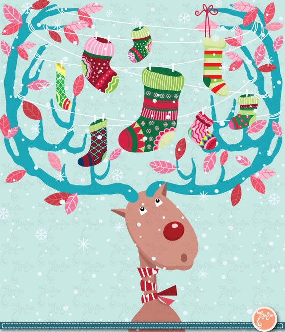 Christmas ClipArt,Christmas Reindeer with Stocking,Christmas Stocking Cm021 perfect for cards, invitation, scrapbooking and all paper craft Il_570xn