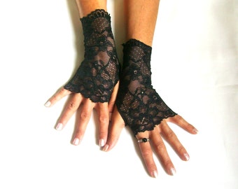Black lace gloves fingerless gloves lace armwarmers black gloves free ship