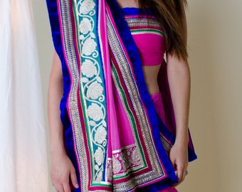 Pink Chiffon Indian Saree, Big Border, Blue Velvet and Green Floral Border, Golden Lace, Engagement Wedding, Reception, Party, Bridesmaid