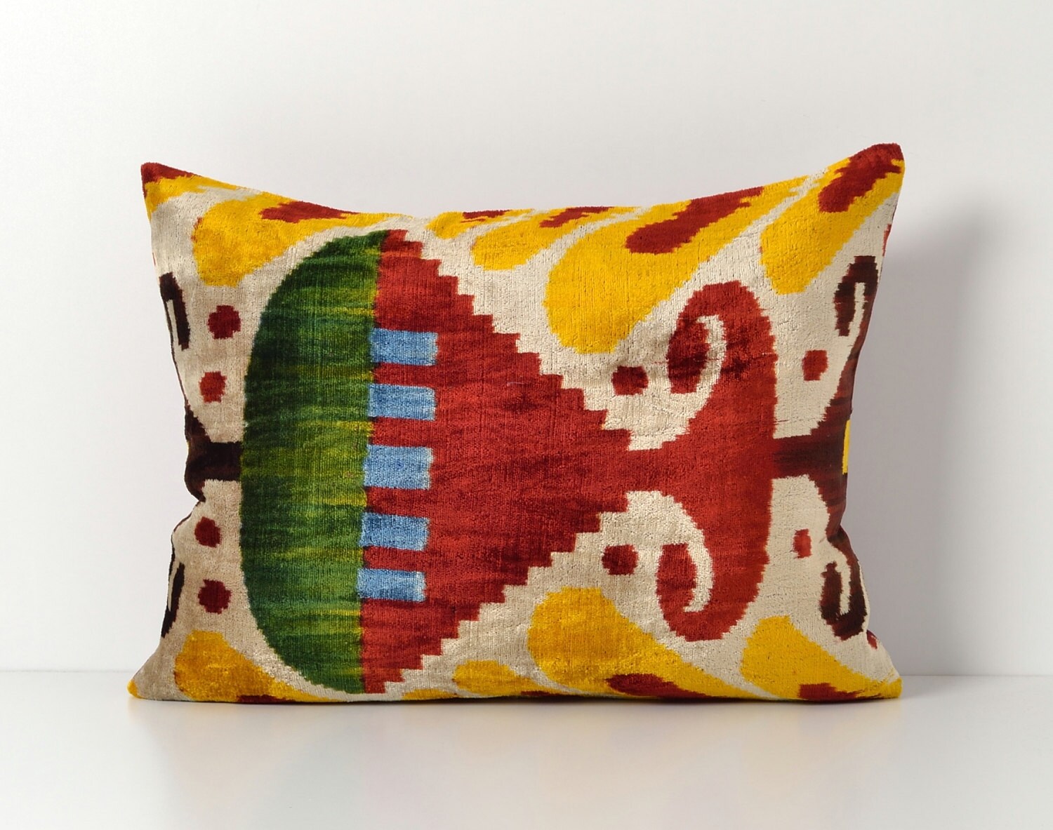 Velvet Ikat Pillow Handwoven Red Yellow Blue Green by pillowme