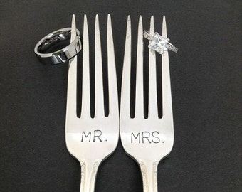 Mr. / Mrs. Fork Set - Hand Stamped Vintage Silverware, wedding forks, wedding silverware