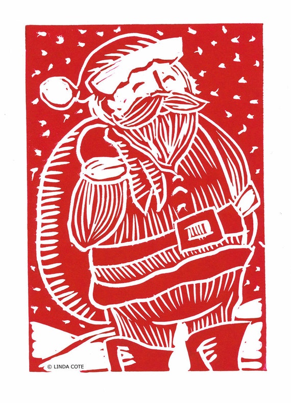 items similar to retro santa hand pulled lino relief