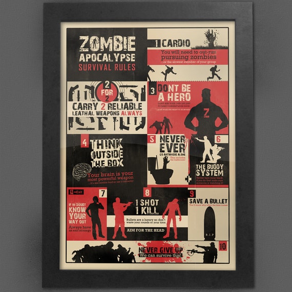 Zombie Survival Rules Print, Apocalypse Guide, The Walking Dead, WWZ ... Zombie Survival Rules Print, Apocalypse Guide, The Walking Dead, WWZ ...