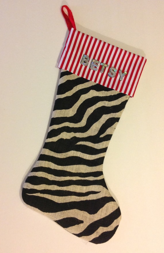 Items similar to Black Zebra Print Burlap Stocking-Personalized ...