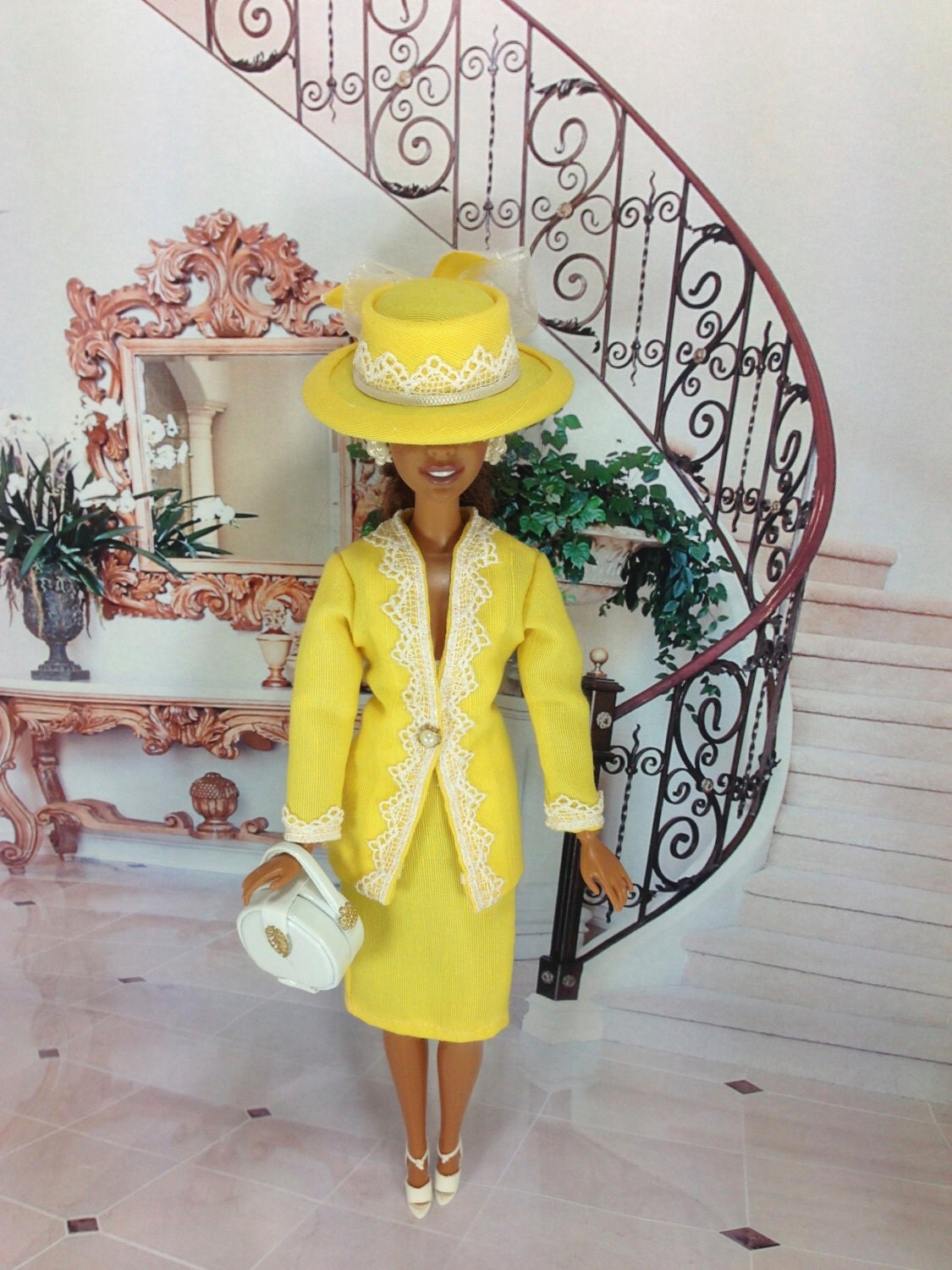 Barbie Doll Skirt Suit Victorian Yellow With White Floral 