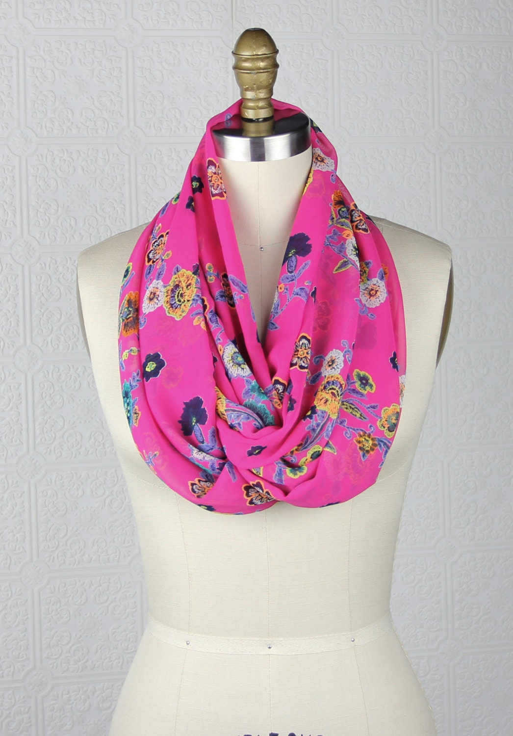 Floral Scarf Infinity Scarf Hot Pink Scarf by BlackLlamaStudio