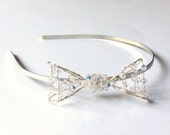 Silver Crystal Bow Hair Band, Sparkly Wire Hair Bow With Swarovski Elements, Bridesmaid Headband, Wedding Side Bow, Flowergirl Alice Band