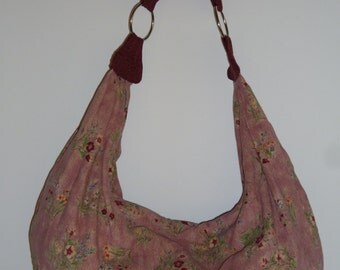 Mauve Floral Print Corduroy Slouchy Hobo Bag Purse