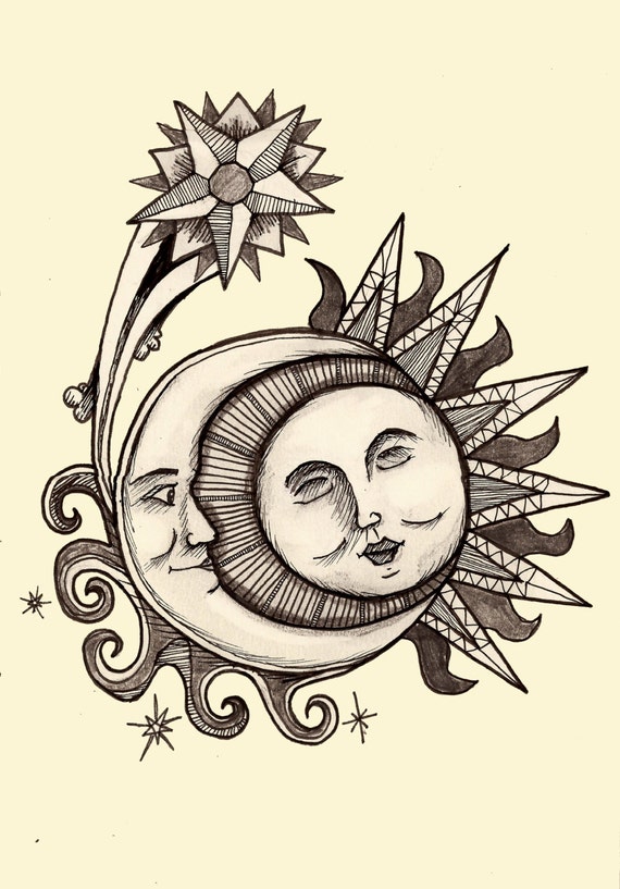 Items similar to Sun, moon and stars print on Etsy