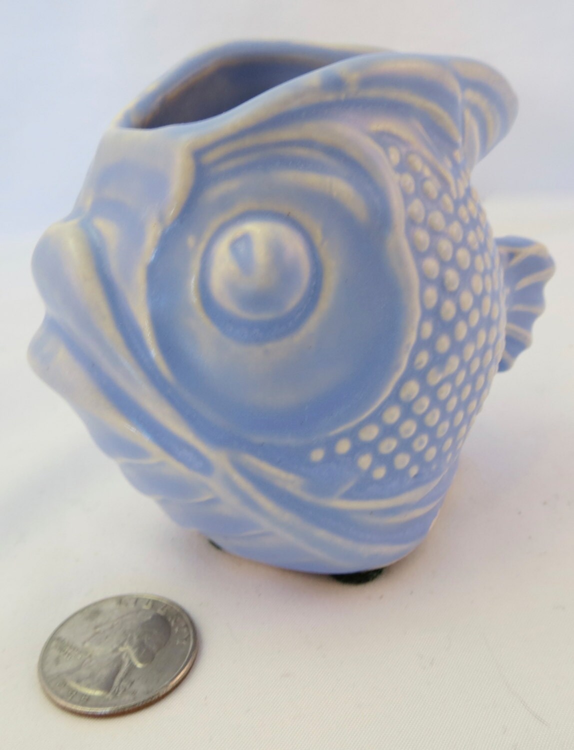 Vintage McCoy miniature fish vase in matte blue.