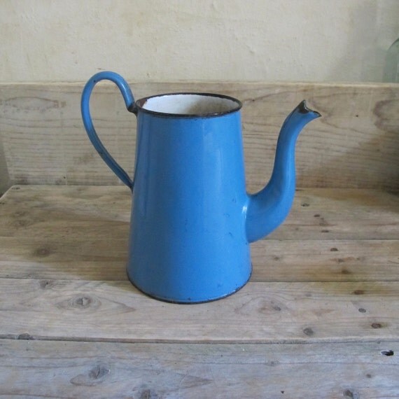 Vintage French bright blue enamelware Pitcher // enamel vase