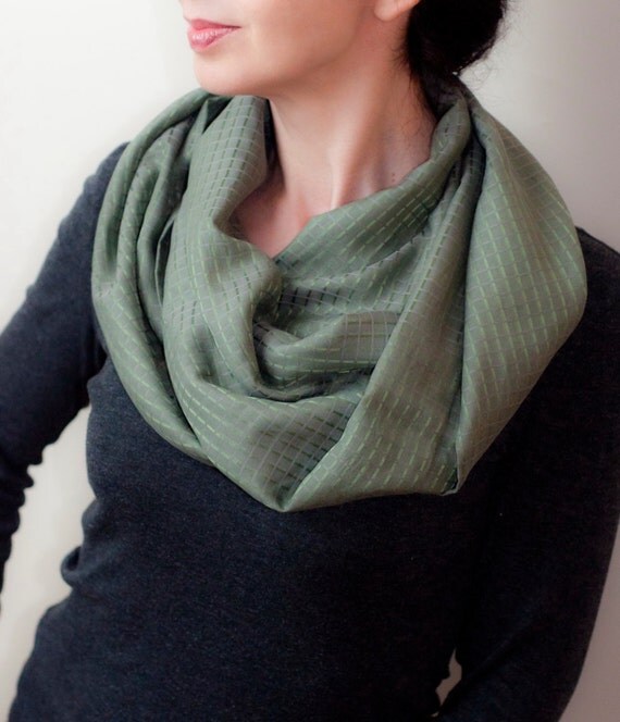 Sage Green Plaid Infinity Scarf Silk Cotton Loop Scarf Satin