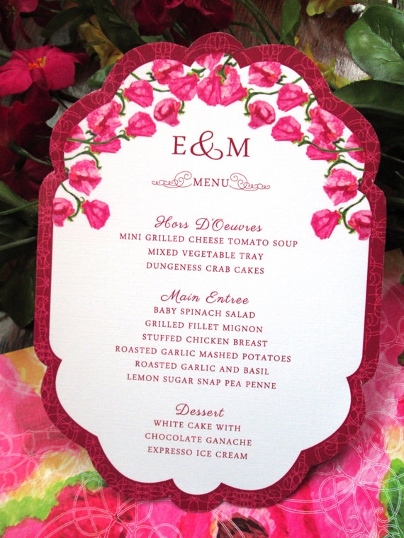 Sweet Pea Floral Wedding Reception Menu – Die-Cut - Pink, Yellow – Customized - Available in Sets/ Quantities of 25+