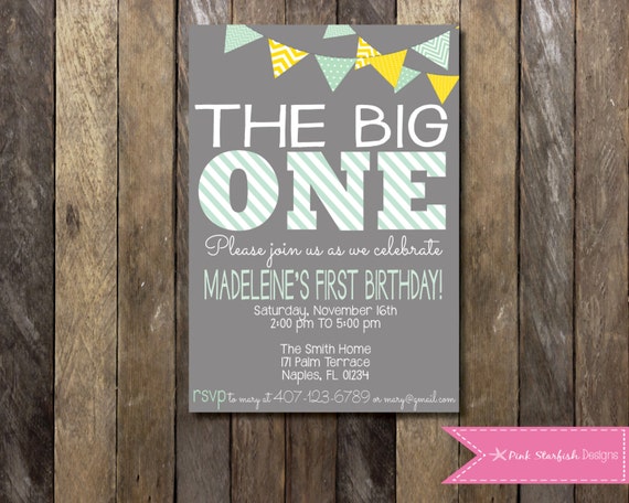 PRINTABLE First Birthday Invitation 1st by PinkStarfishDesigns