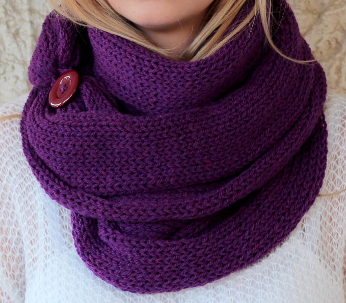 Knit Scarf with button infinity scarf circle scarf by KnitScarf