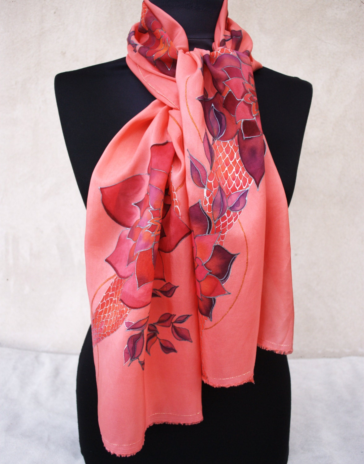 Peach silk scarf purple flowers salmon pink scarf hand