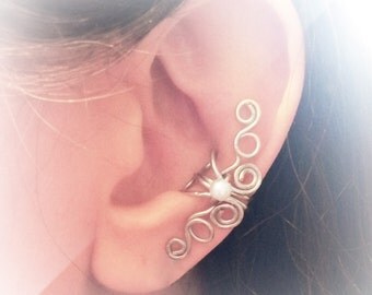 Silver Ear Cuff Silver plated Ear Wrap White