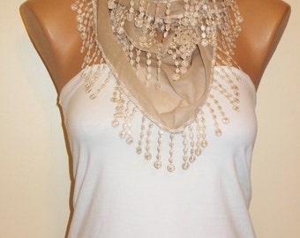 Beige Scarf, Lace Scarf, Womens Fashion, Gift for Her, Bridesmaid Gift, Fashion Cotton Scarves, Birthday Gift, Elegant, Chic, Accessory 2017