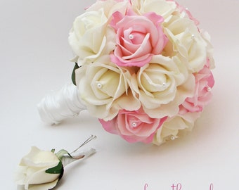 Rose Bridal Bouquet Real Touch Roses White & Light Pink Wedding Bouquet ...