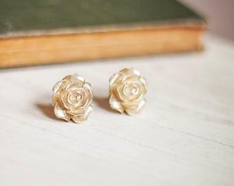Gold Rose Earrings Rose Post Earrings Rose Stud Earrings Surgical Steel Posts Bridal Floral Accessories Shimmer Golden Flower Gift For Her