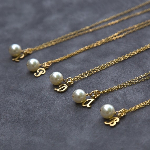 Gold Bridesmaid Jewelry Gift Set of 5, Initial Pearl Necklace, Personalized Letter Jewelry, Custom Bridesmaid Necklace