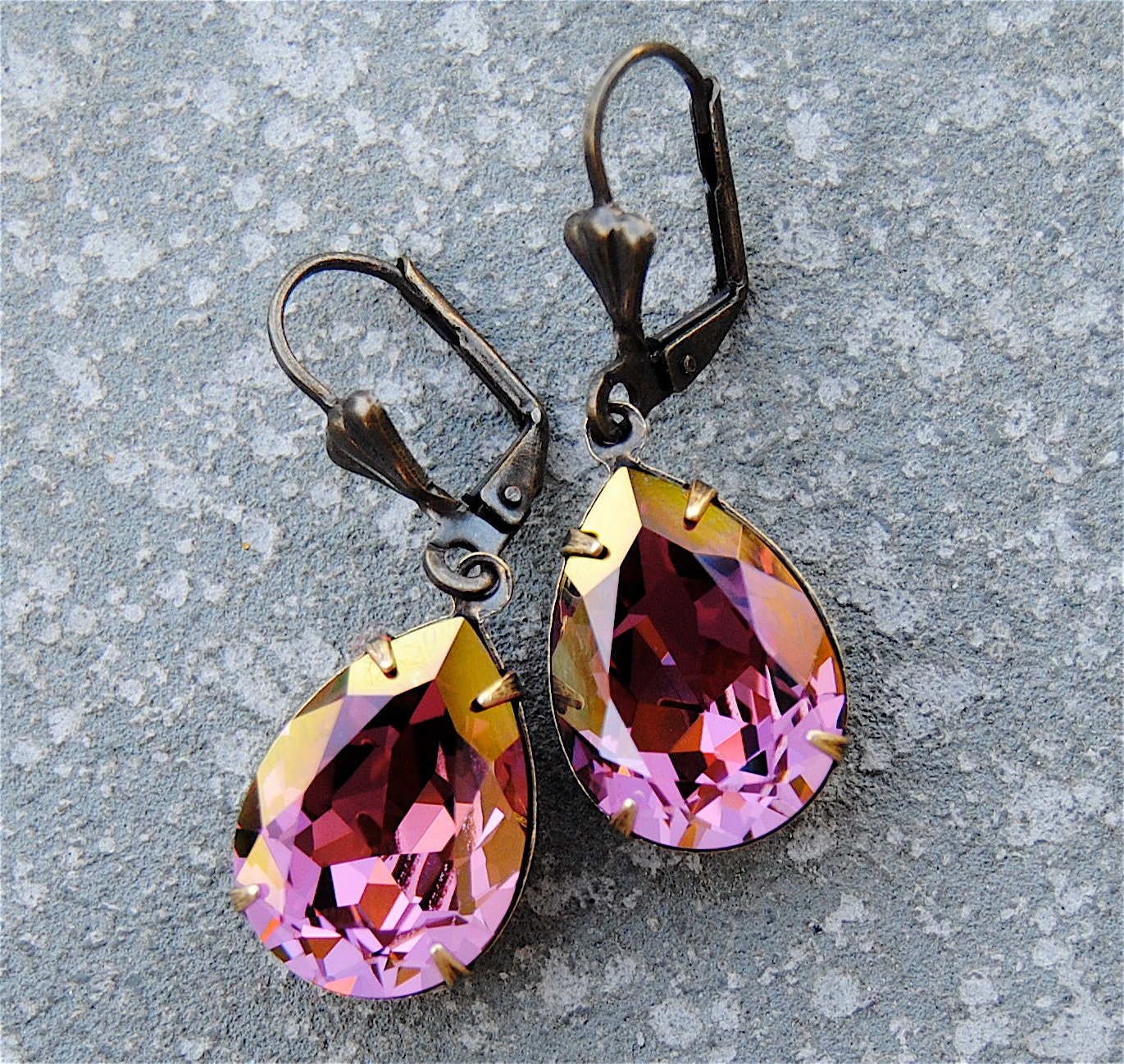 Gold Lilac Plum Earrings Swarovski Crystal Pear Dangle