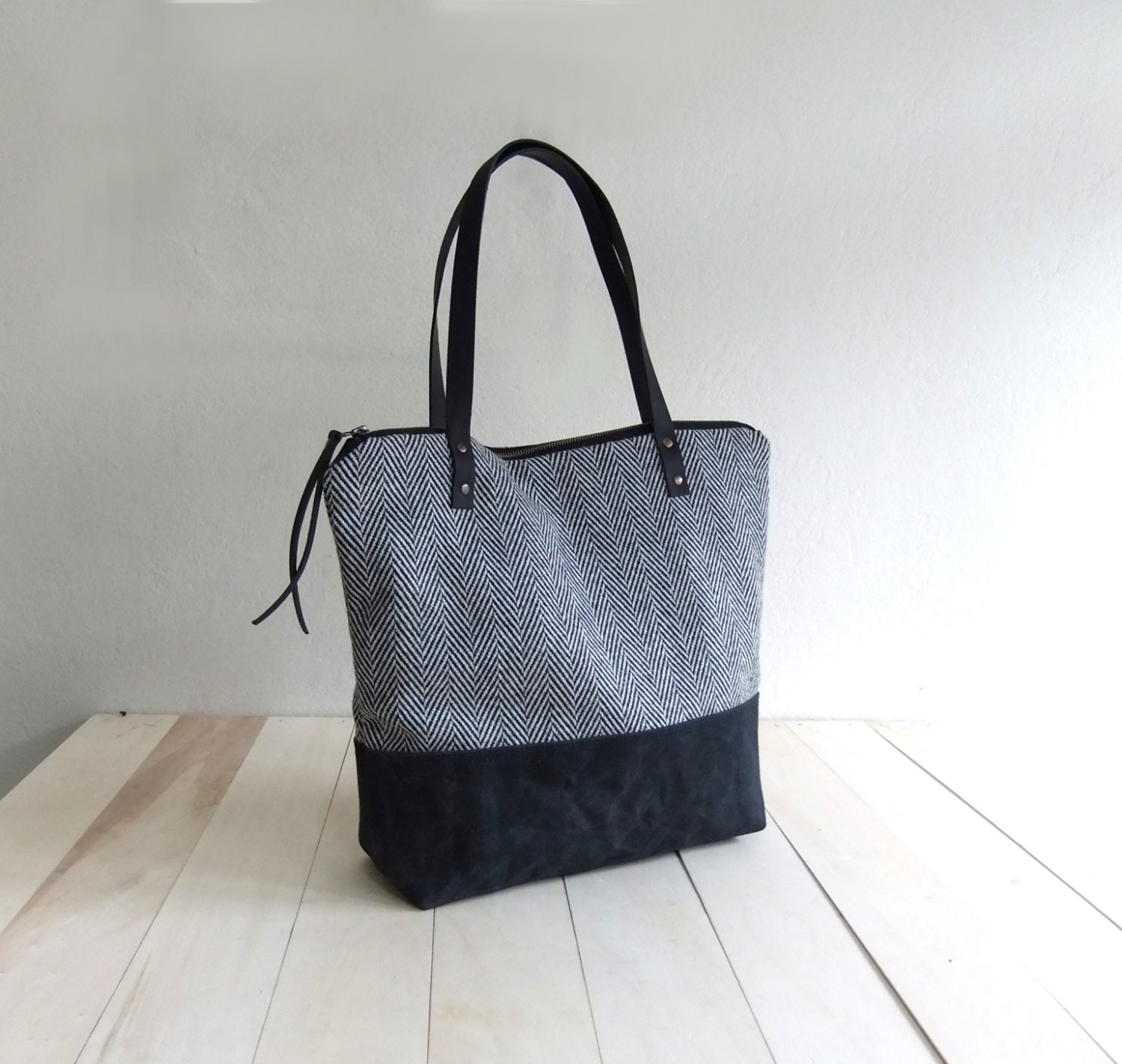 Large Zippered Black Waxed Canvas Tote Bag Black by metaphore