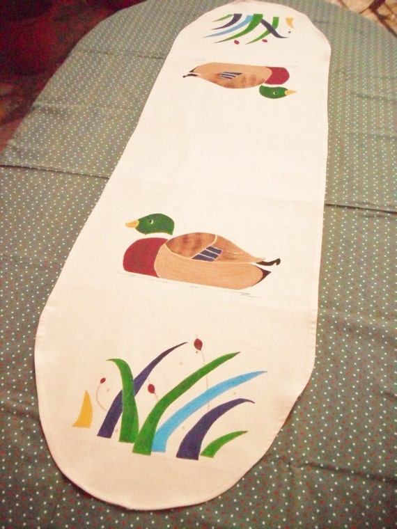 mallard table runner foot runner, cream topper    with painted hand cream table table
