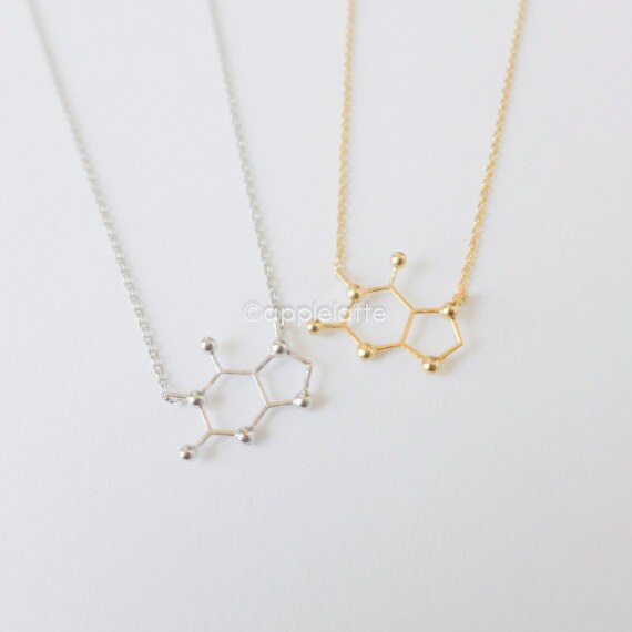 Caffeine Molecule Structure Necklace in gold or silver, Caffeine Molecule Necklace, caffeine necklace