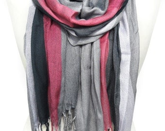 Plaid Scarf. Pink Pashmina. Pink Gray Scarf. Birthday Gift. Extremely Soft Scarf. Smooth Winter Shawl. 21x71in (55x180cm) Ready2Ship.