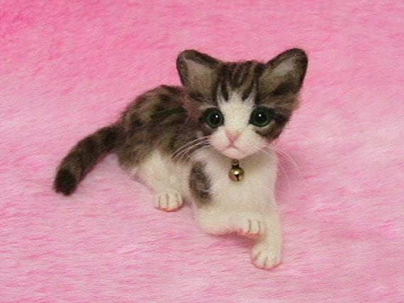 Needle Felted Brown Tabby and White Kitten: Miniature Wool Felt Cat