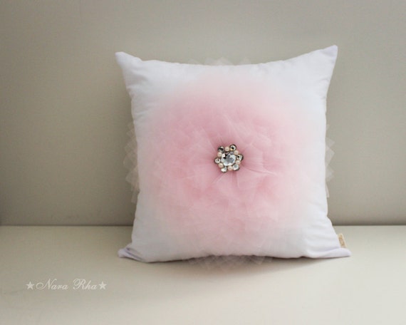 White Pillow Cover Light Pink Flower on White Pillow by NaraRha