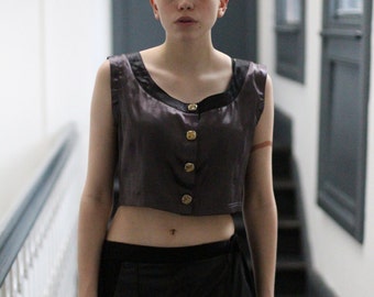 Punk Grunge Plum/Black Satin Button Crop Top