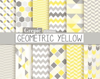 Geometric digital paper: "GEOMETRIC YELLOW" digital paper pack with yellow gray geometric patterns and yellow gray digital paper backgrounds