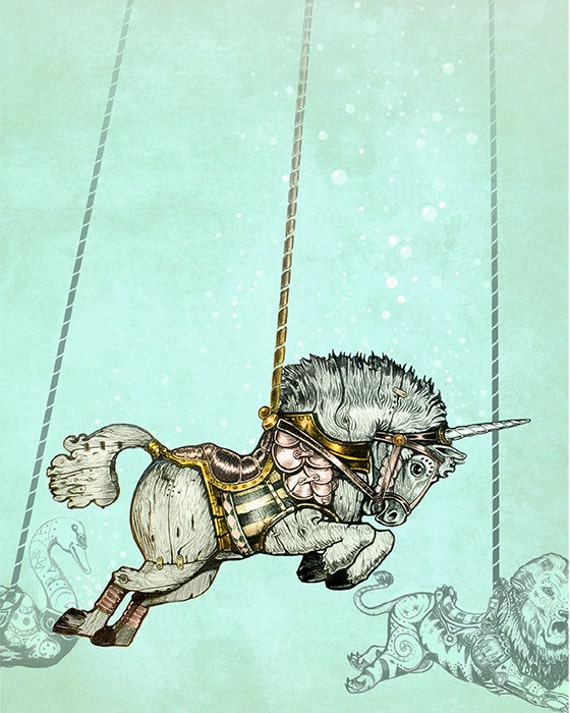 Steampunk Carousel WALL art print - Unicorn - Fine Art Print  - giclée Fantasy Art Print - Steampunk Art - Victorian Art - turquoise Pink