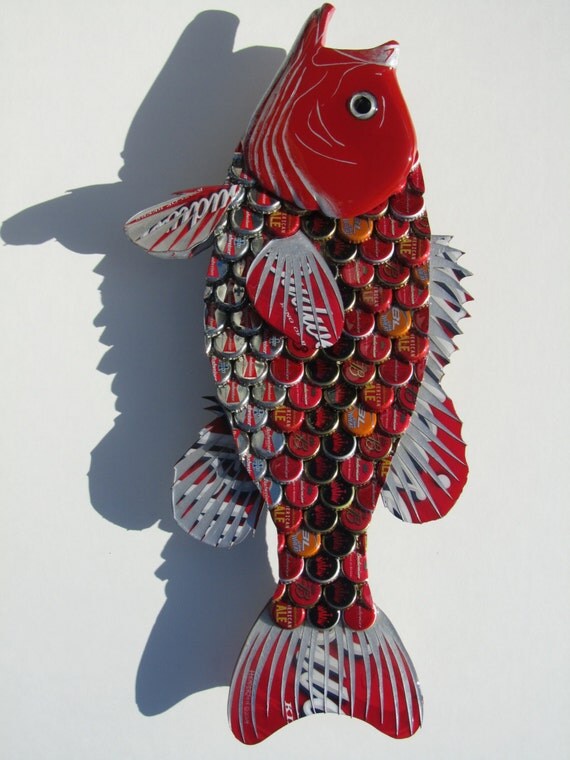 Metal Bottle Cap Fish Wall Art Red Budweiser Large Mouth