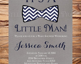 Little man Baby shower Invitation, Baby shower invitation little man, bowtie baby shower, Dark Gray Linen, Navy, 1349