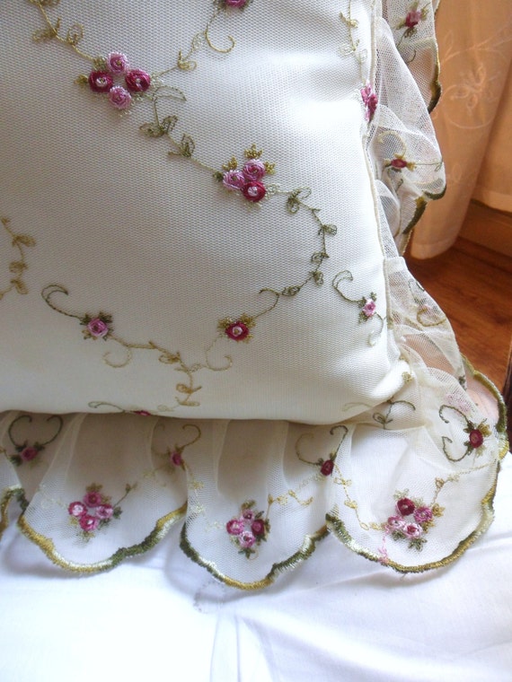 Rose Embroidered Satin Ruffled Pillow Soft Throw by MountainThyme1