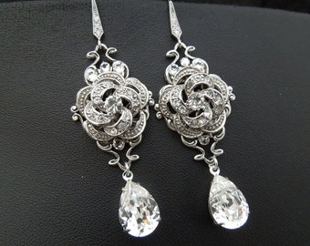 Bridal Earrings Swarovski Crystal Wedding Earrings Teardrop Chandelier Dangle Earrings Vintage Style Bridal Jewelry Dangle Earrings ROSELANI