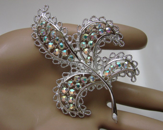 Emmons Rhinestone Lace Filigree Brooch / Designer Signed / Aurora Borealis / Bridal Wedding / Jewelry / Jewellery